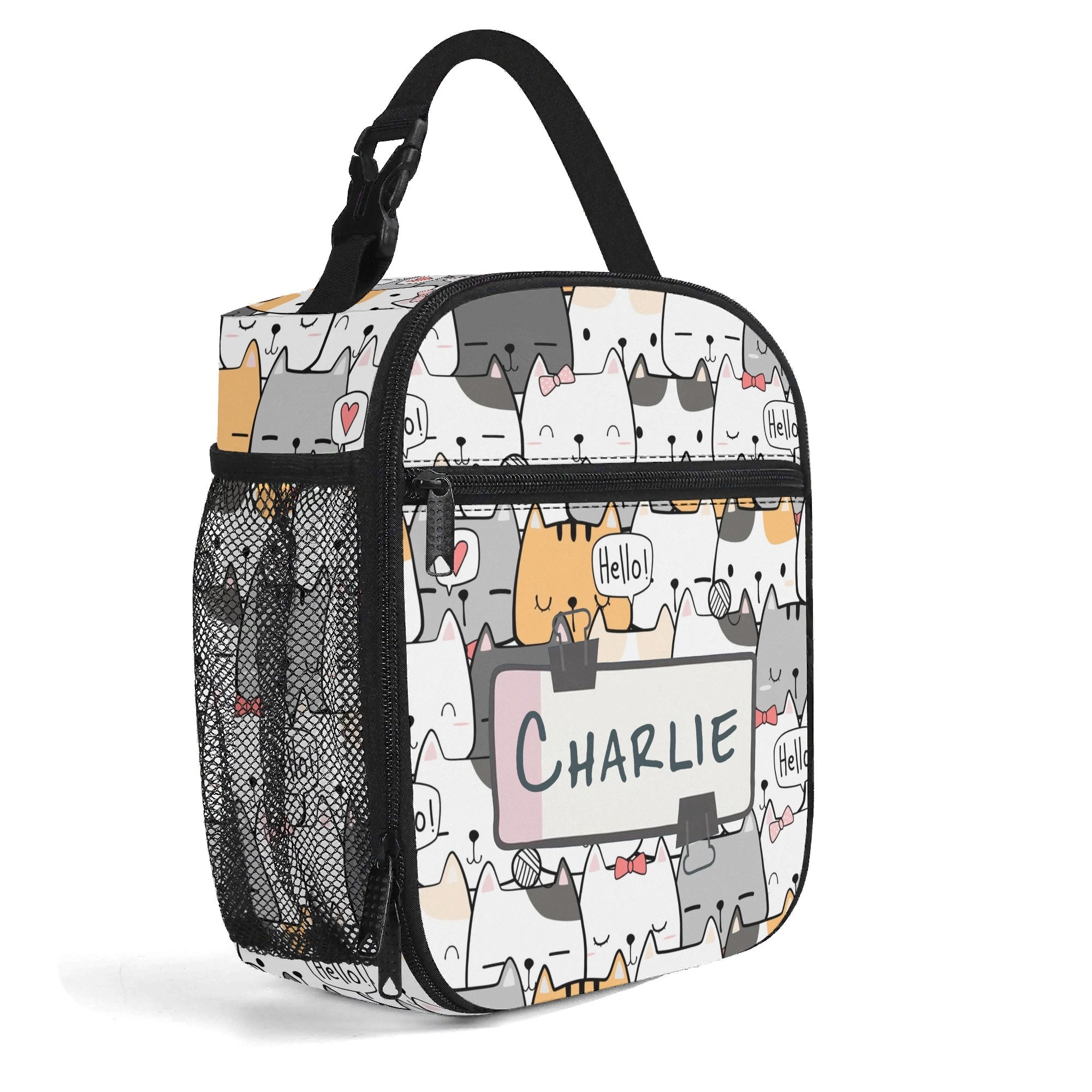 Personalised - Cat Hello - Insulated School Lunch Bag Personalised Lunch Bag animal Printed Offshore