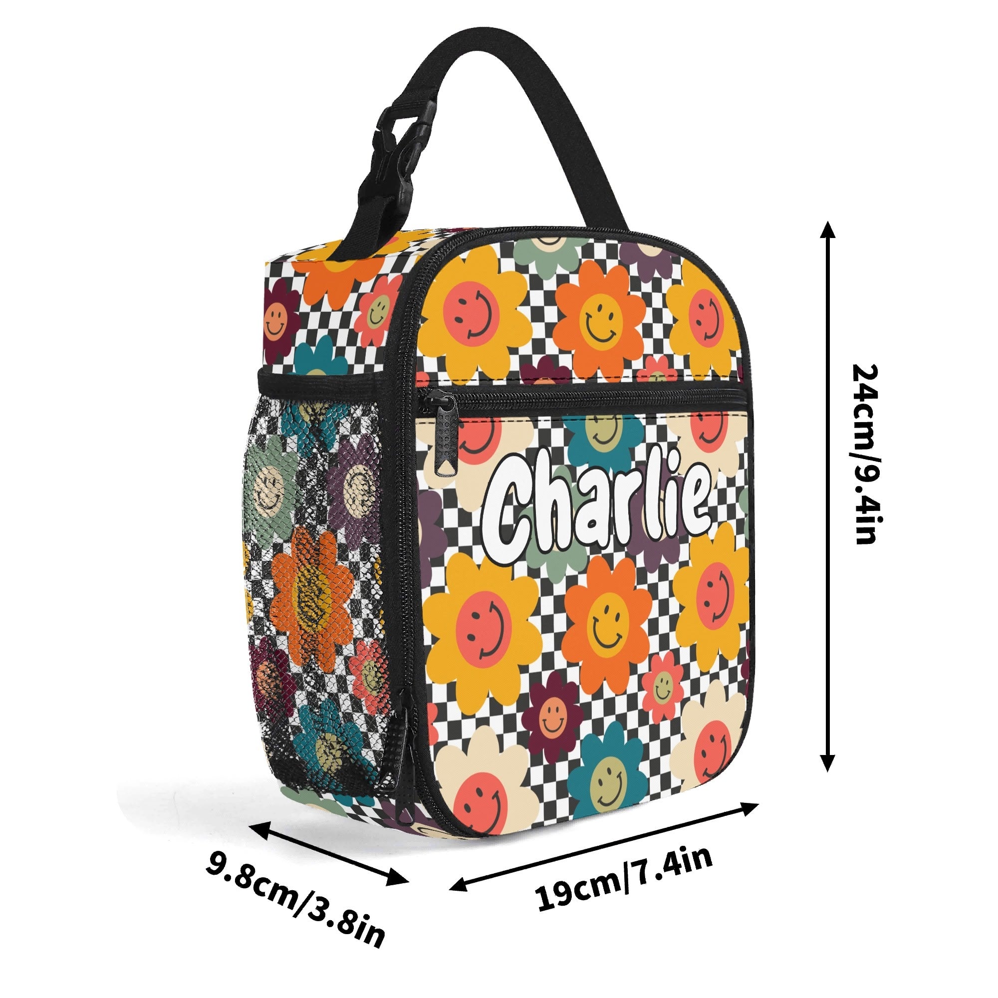 Personalised - Happy Retro Flowers - Insulated School Lunch Bag Personalised Lunch Bag Printed Offshore Retro
