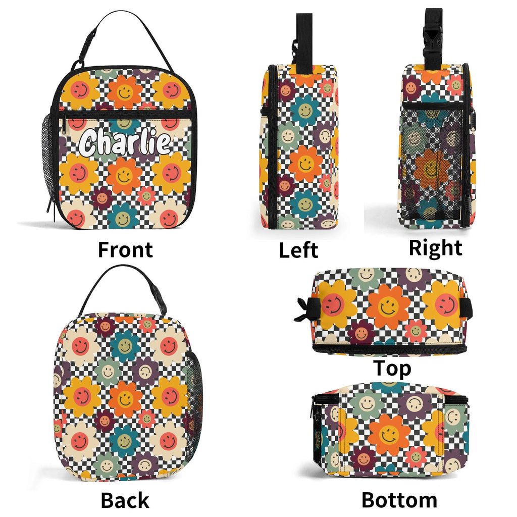 Personalised Happy Retro Flowers Insulated School Lunch Bag Personalised Lunch Bag Printed Offshore Retro