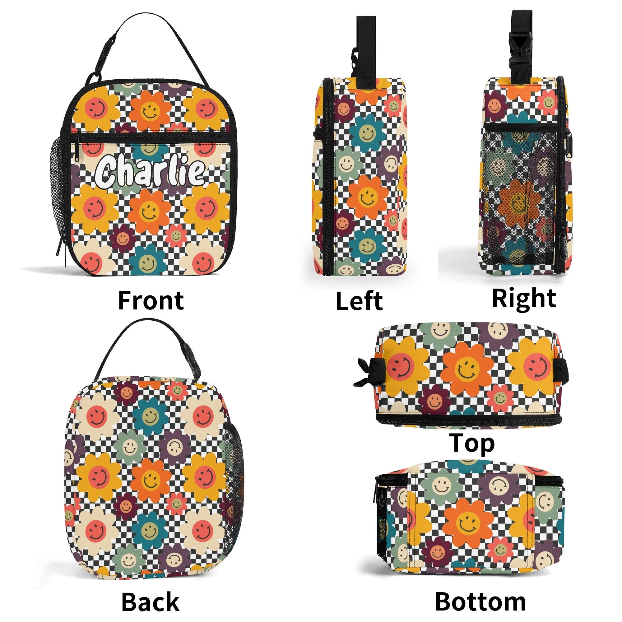 Personalised - Happy Retro Flowers - Insulated School Lunch Bag Personalised Lunch Bag Printed Offshore Retro