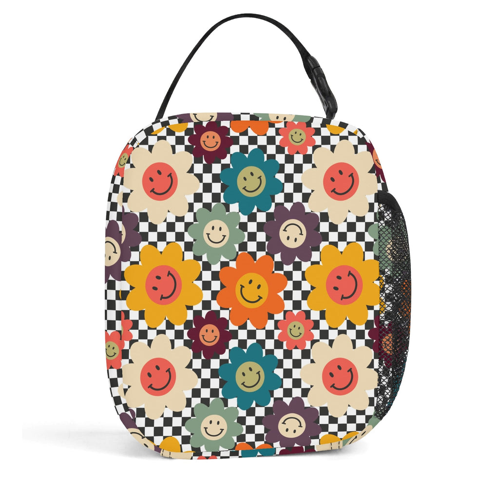Personalised Happy Retro Flowers Insulated School Lunch Bag Personalised Lunch Bag Printed Offshore Retro