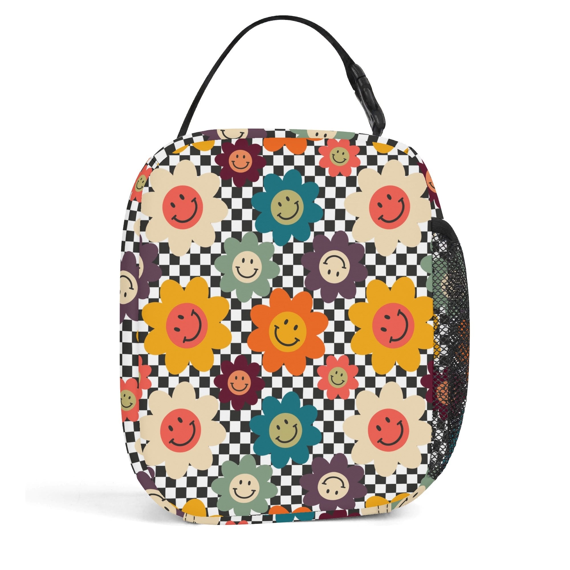 Personalised Happy Retro Flowers Insulated School Lunch Bag Personalised Lunch Bag Printed Offshore Retro