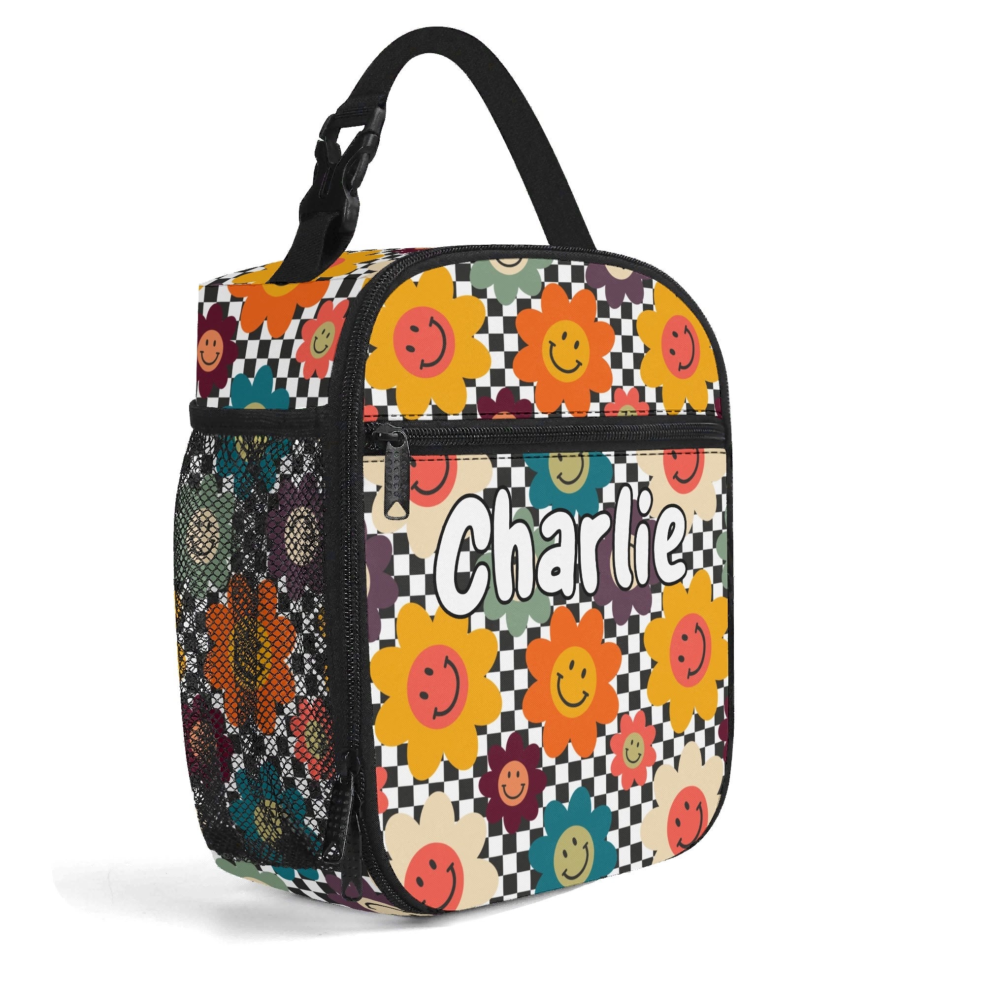 Personalised - Happy Retro Flowers - Insulated School Lunch Bag Personalised Lunch Bag Printed Offshore Retro