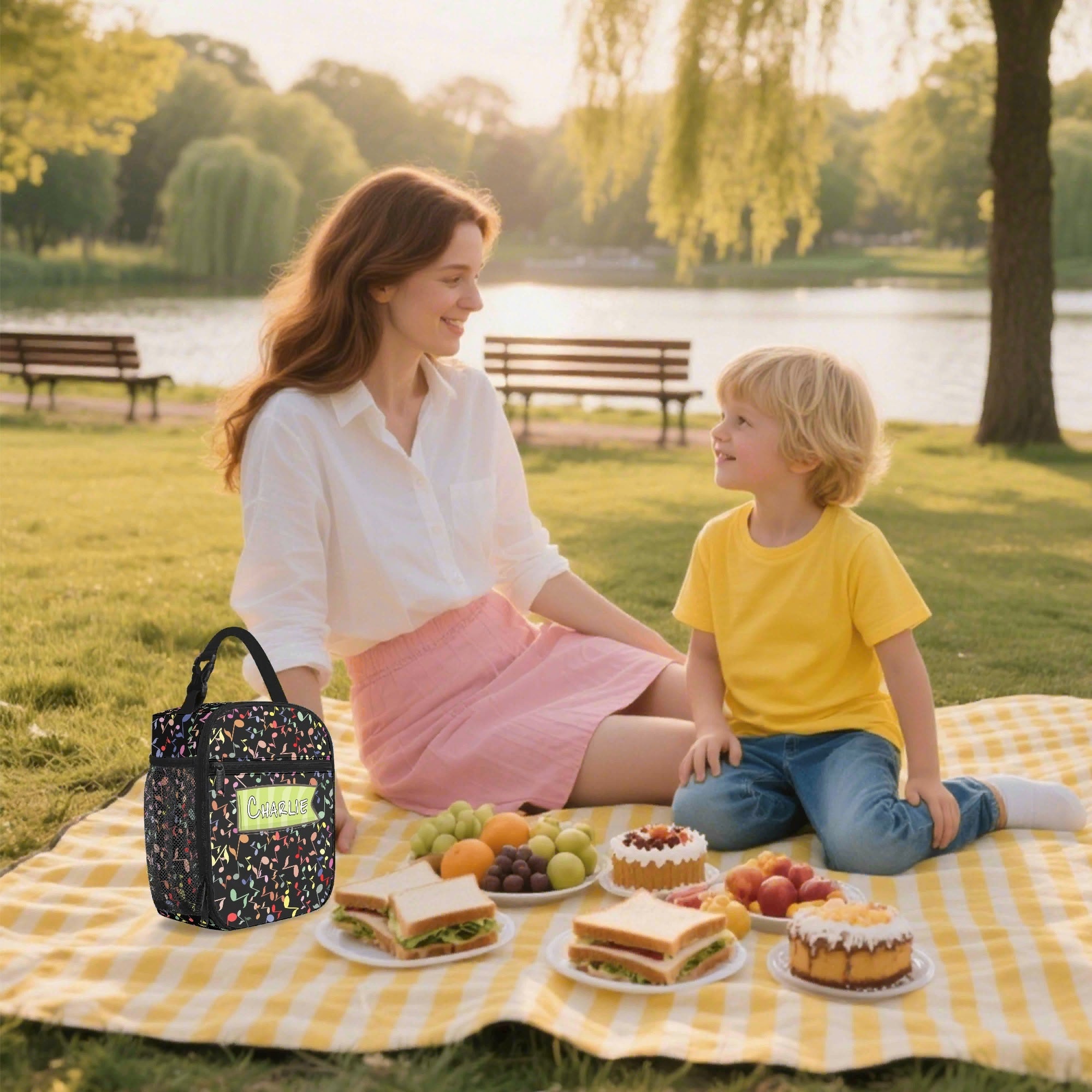 Personalised - Colourful Music Notes - Insulated School Lunch Bag Personalised Lunch Bag Music Printed Offshore