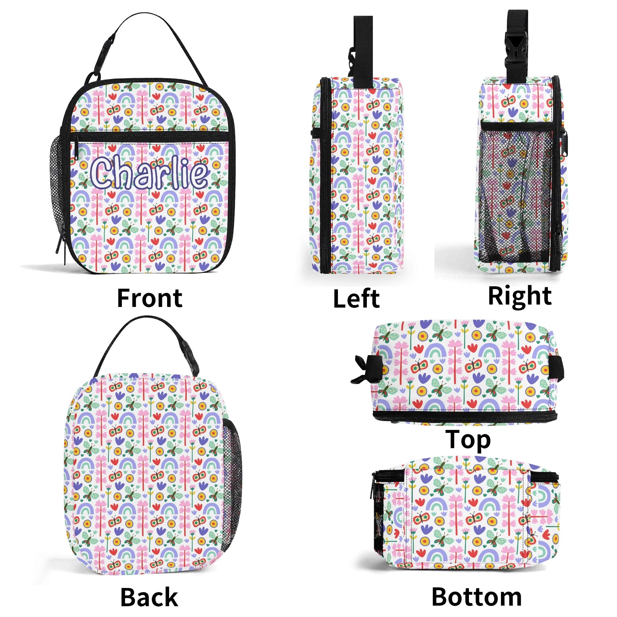 Personalised - Flowers And Butterflies - Insulated School Lunch Bag Personalised Lunch Bag Plants Printed Offshore