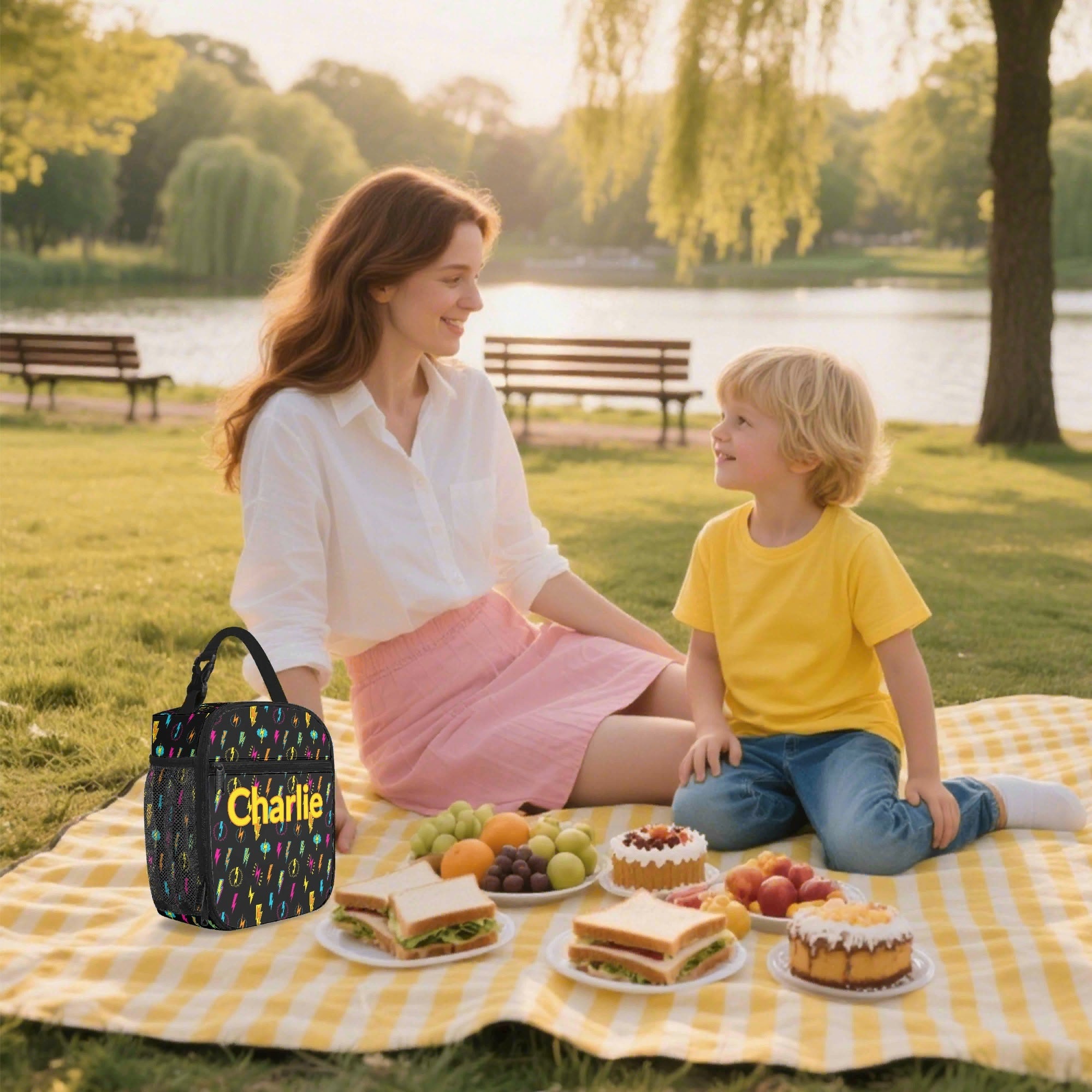 Personalised - Fun Lightning - Insulated School Lunch Bag Personalised Lunch Bag Comic Printed Offshore
