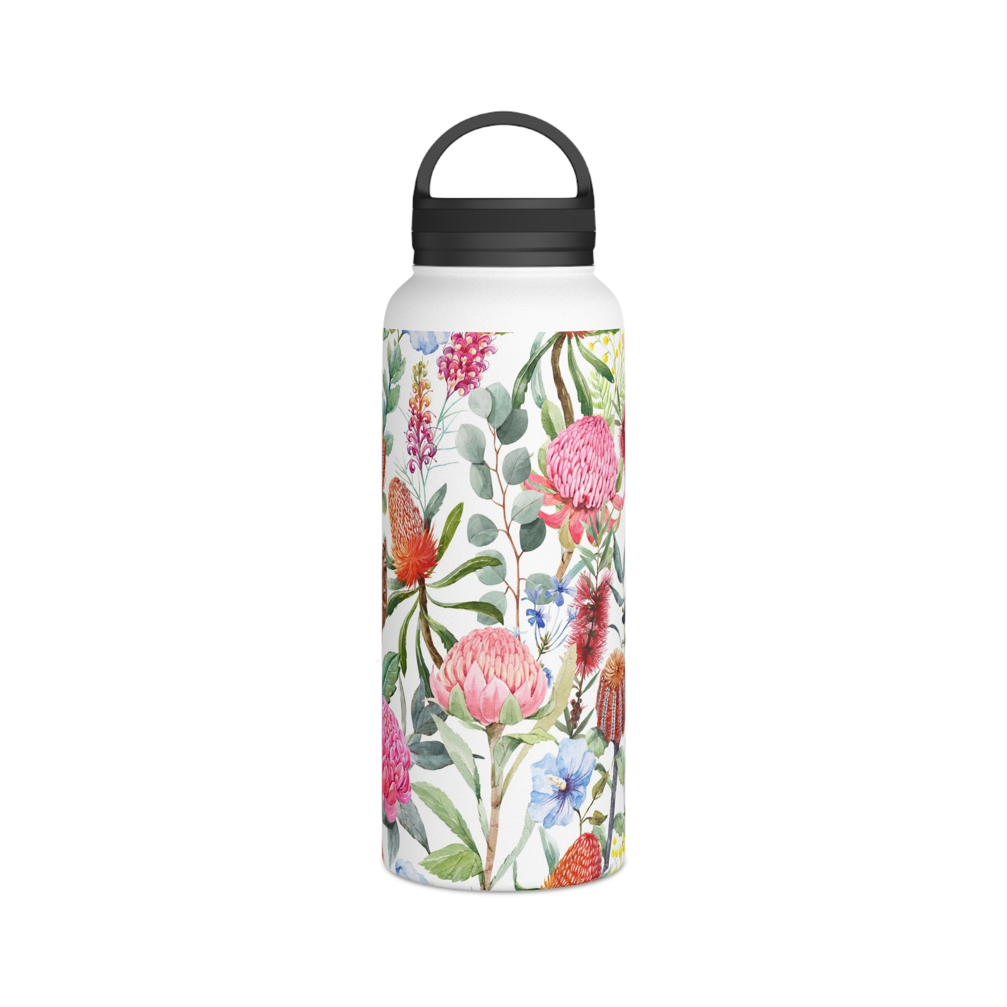 Australian Native Flowers - Stainless Steel Water Bottle, Handle Lid White 32oz Stainless Steel Water Bottle With Handle Lid Globally Fulfilled Plants