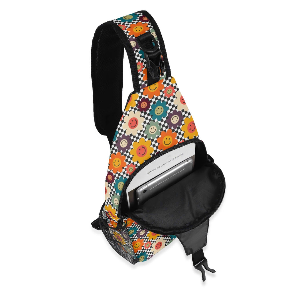 Happy Retro Flowers Chest Crossbody Bag with Adjustable Strap Chest Crossbody Bag Printed Offshore Retro