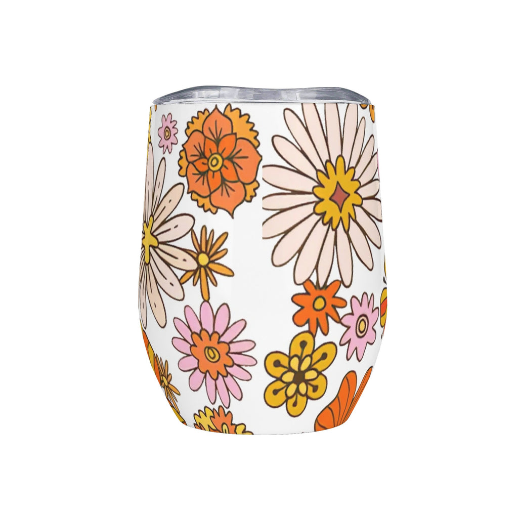 Personalised Orange Retro Flowers 12oz Wine Tumbler / Travel Mug Personalised Wine Tumbler / Travel Mug Printed Offshore Retro