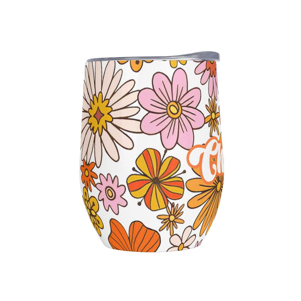 Personalised Orange Retro Flowers 12oz Wine Tumbler / Travel Mug Personalised Wine Tumbler / Travel Mug Printed Offshore Retro