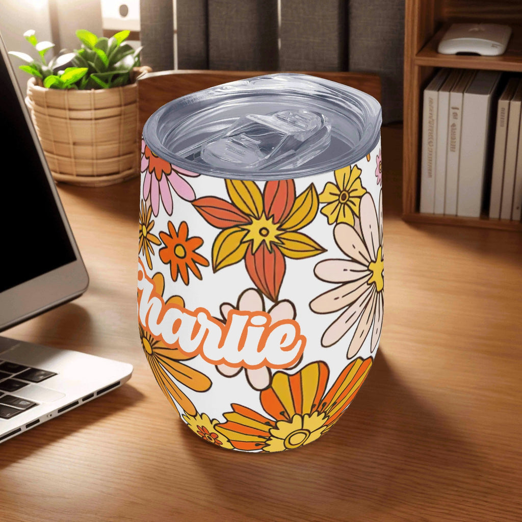 Personalised Orange Retro Flowers 12oz Wine Tumbler / Travel Mug Personalised Wine Tumbler / Travel Mug Printed Offshore Retro