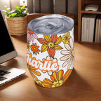 Personalised Orange Retro Flowers 12oz Wine Tumbler / Travel Mug Personalised Wine Tumbler / Travel Mug Printed Offshore Retro