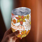Personalised Orange Retro Flowers 12oz Wine Tumbler / Travel Mug Personalised Wine Tumbler / Travel Mug Printed Offshore Retro