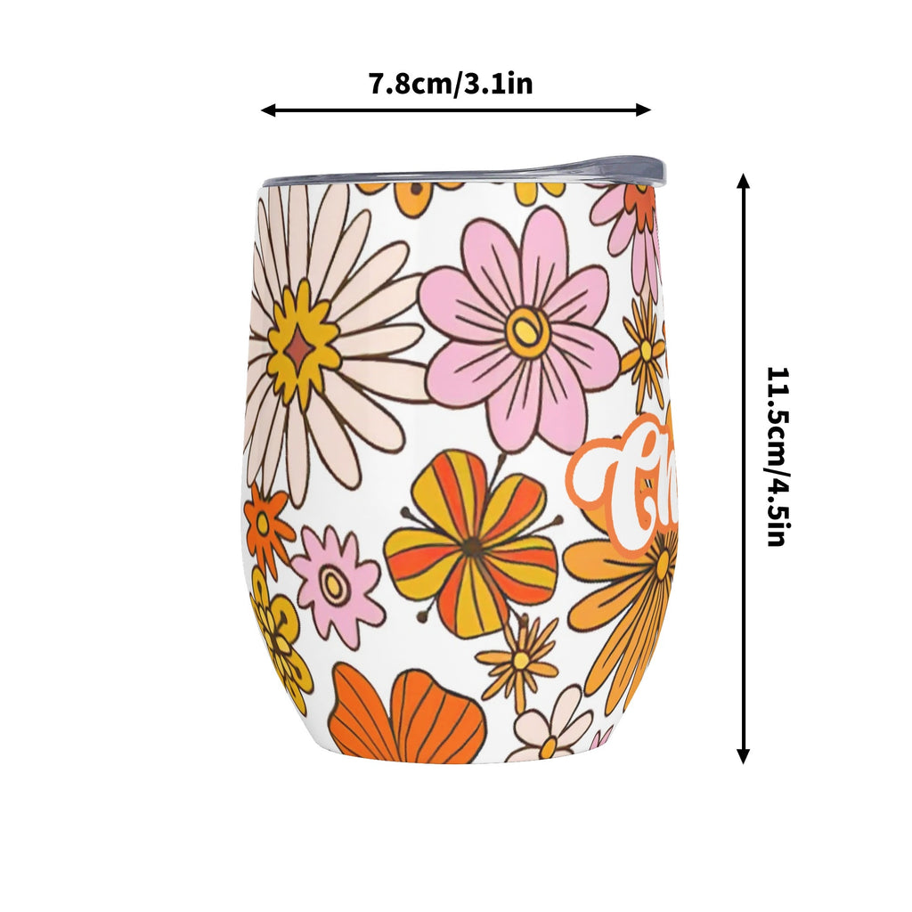 Personalised Orange Retro Flowers 12oz Wine Tumbler / Travel Mug Personalised Wine Tumbler / Travel Mug Printed Offshore Retro
