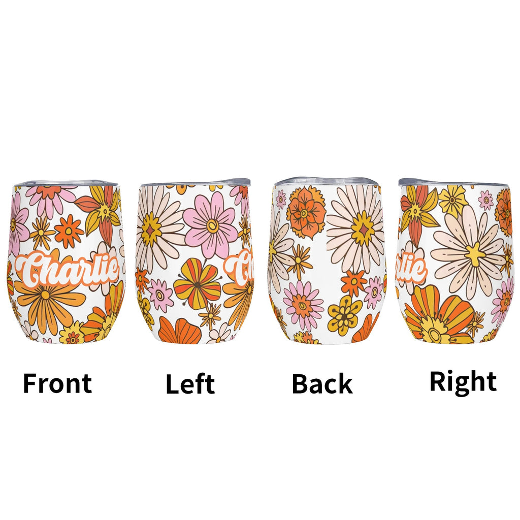 Personalised Orange Retro Flowers 12oz Wine Tumbler / Travel Mug Personalised Wine Tumbler / Travel Mug Printed Offshore Retro