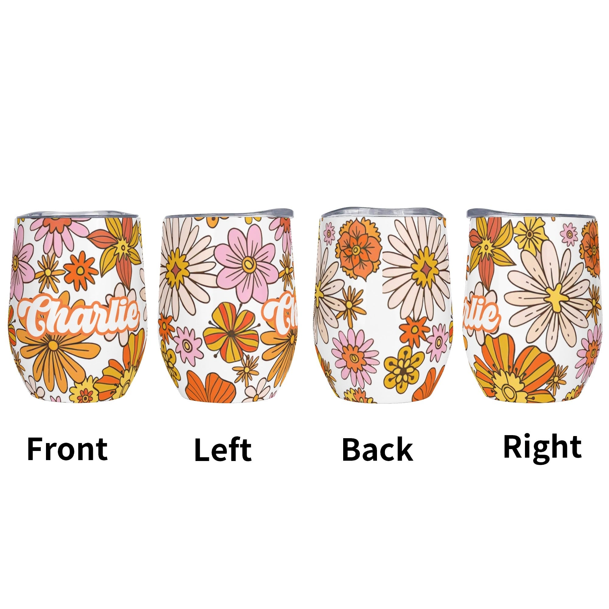 Personalised Orange Retro Flowers 12oz Wine Tumbler / Travel Mug Personalised Wine Tumbler / Travel Mug Printed Offshore Retro