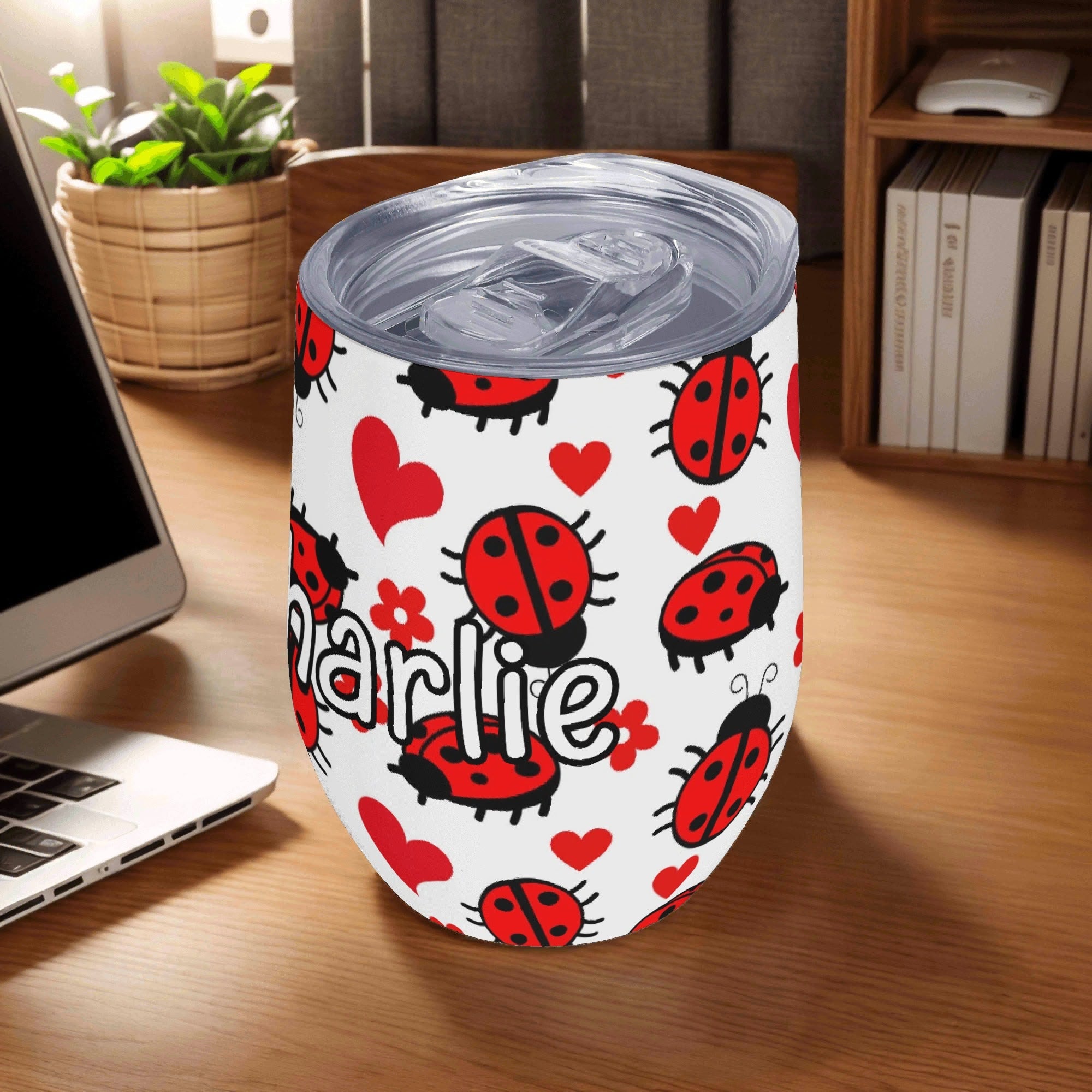 Personalised Ladybug Hearts 12oz Wine Tumbler / Travel Mug Personalised Wine Tumbler / Travel Mug animal Printed Offshore