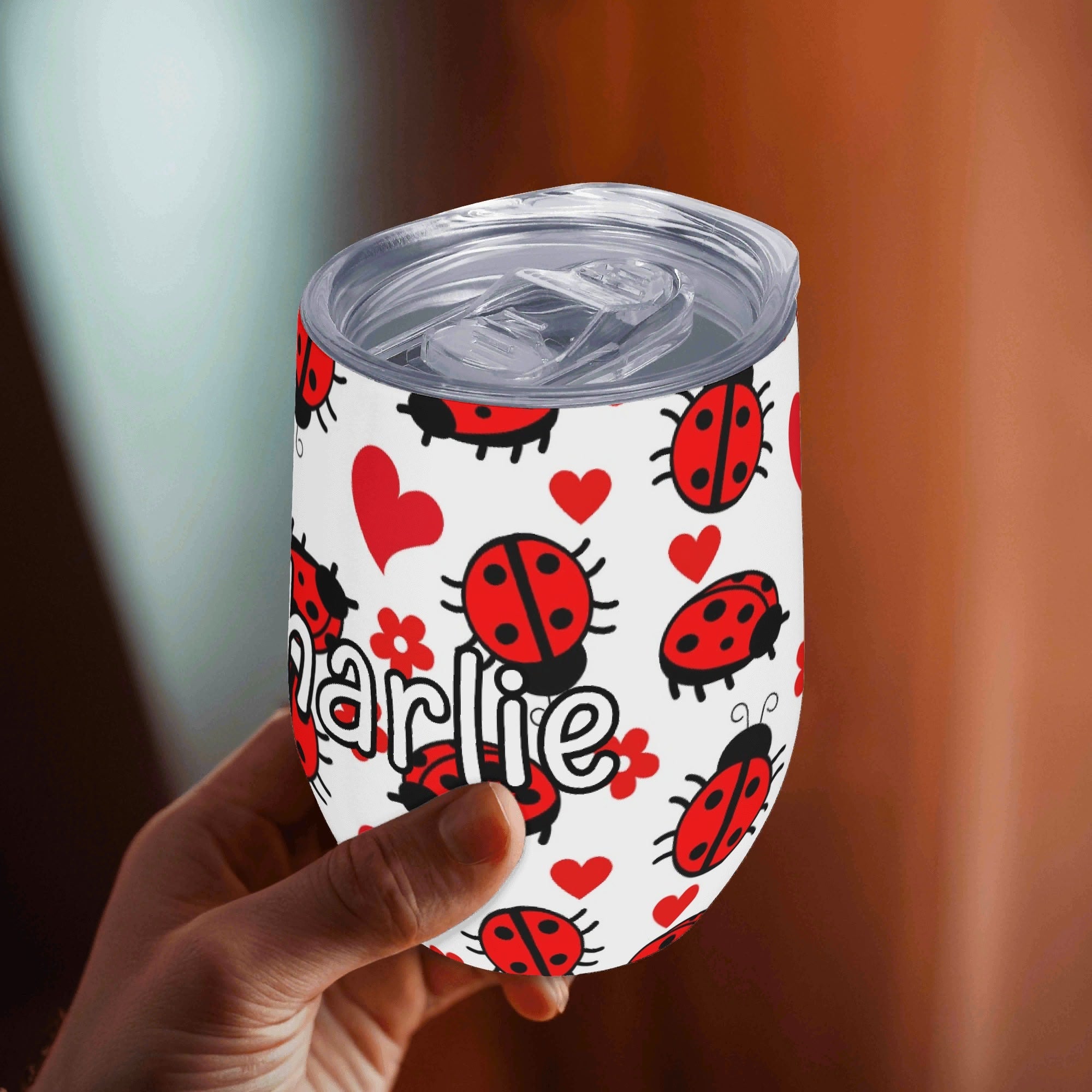 Personalised Ladybug Hearts 12oz Wine Tumbler / Travel Mug Personalised Wine Tumbler / Travel Mug animal Printed Offshore