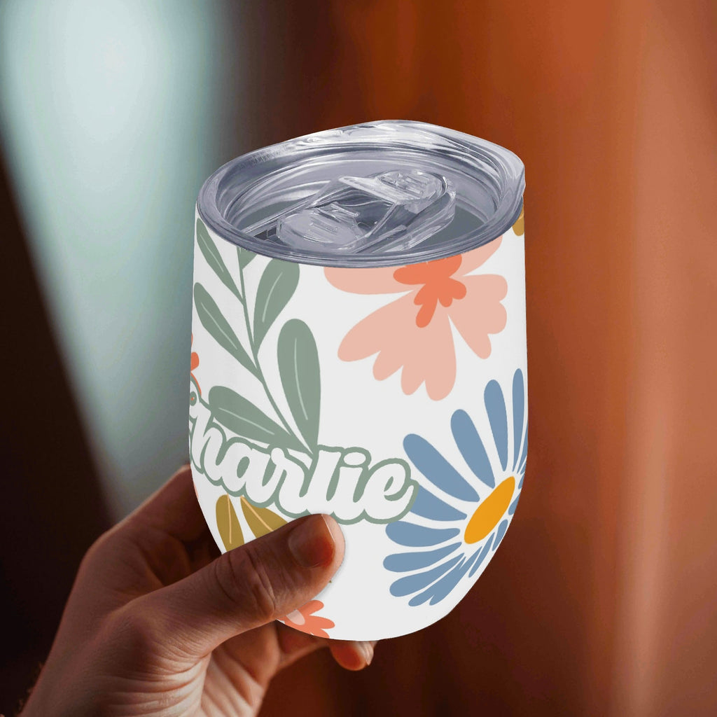 Personalised Cute Boho Flowers 12oz Wine Tumbler / Travel Mug Personalised Wine Tumbler / Travel Mug Plants Printed Offshore