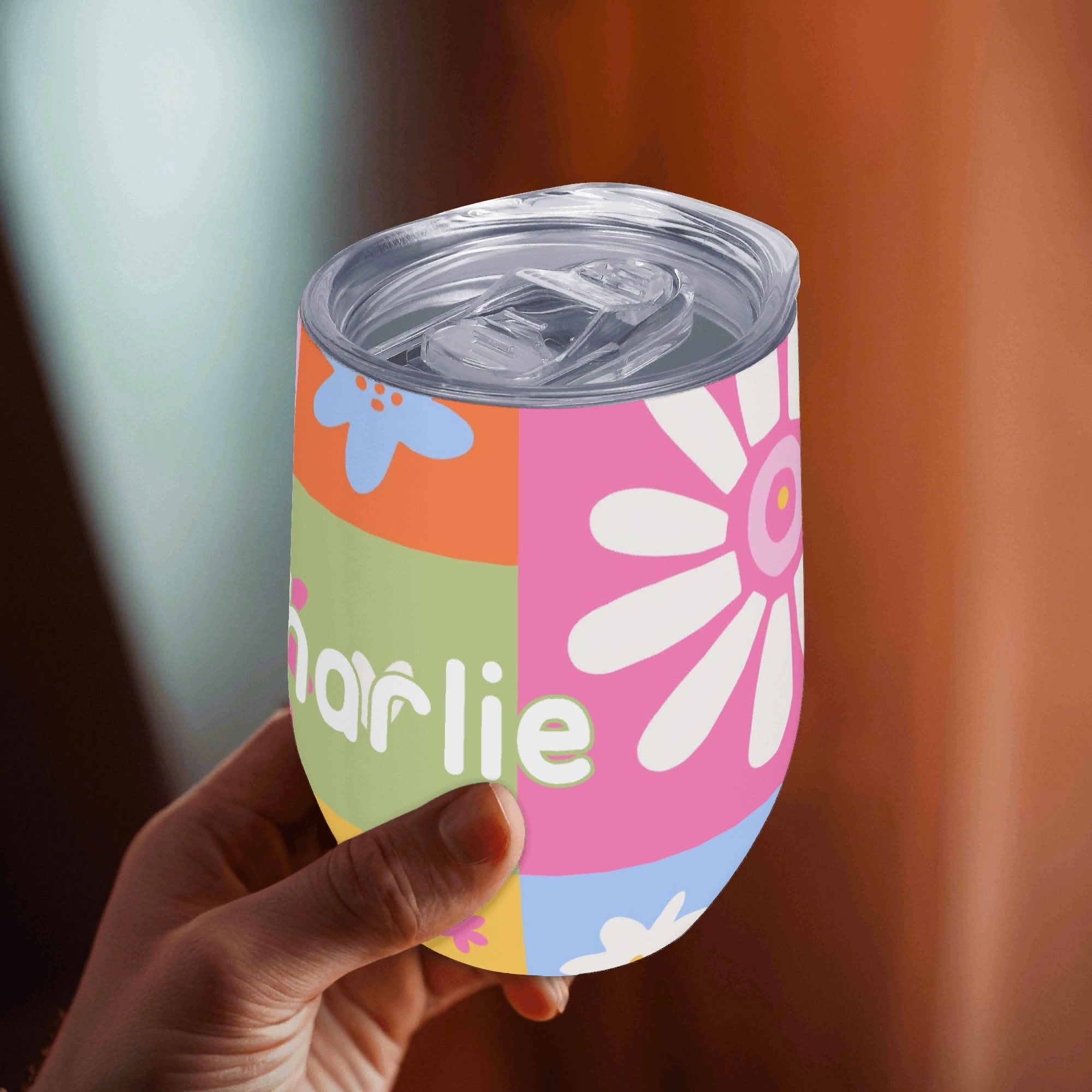 Personalised Patchwork Flowers 12oz Wine Tumbler / Travel Mug Personalised Wine Tumbler / Travel Mug Printed Offshore