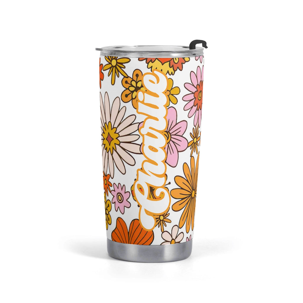 Personalised Retro Orange Flowers Stainless Steel 20oz Travel Mug Default Title Personalised 20oz Travel Mug Plants Printed Offshore Retro