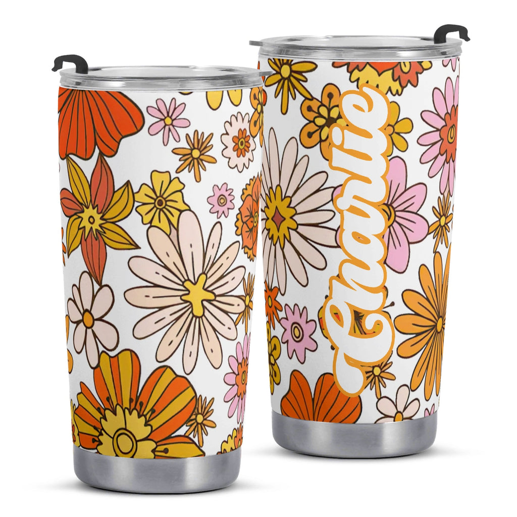 Personalised Retro Orange Flowers Stainless Steel 20oz Travel Mug Personalised 20oz Travel Mug Plants Printed Offshore Retro