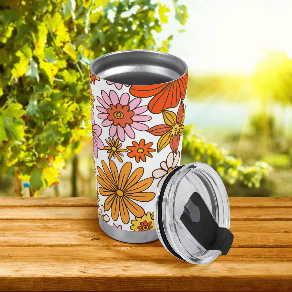 Personalised Retro Orange Flowers Stainless Steel 20oz Travel Mug Personalised 20oz Travel Mug Plants Printed Offshore Retro