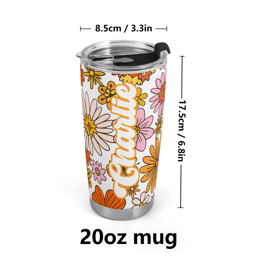 Personalised Retro Orange Flowers Stainless Steel 20oz Travel Mug Personalised 20oz Travel Mug Plants Printed Offshore Retro