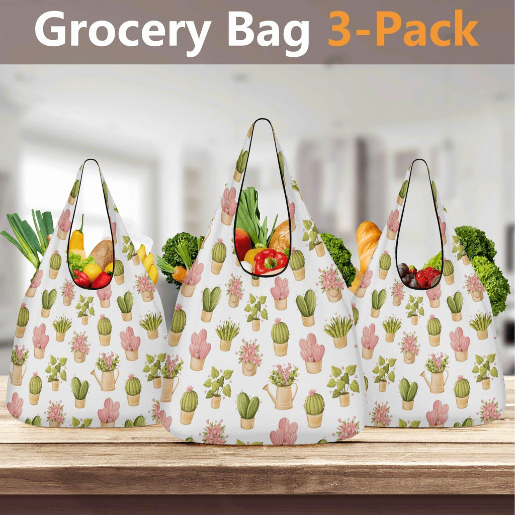Cactus Pots And Flowers 3 Pack of Foldable Shopping Bags 3-Pack Shopping Bags Plants Printed Offshore
