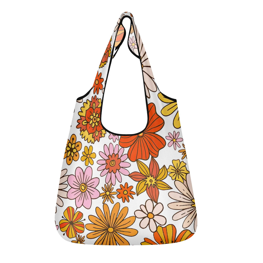 Retro Orange Flower 3 Pack of Foldable Shopping Bags Default Title 3-Pack Shopping Bags Plants Printed Offshore