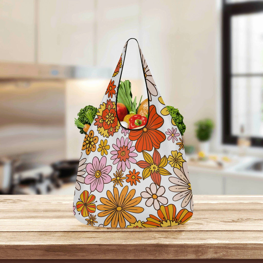 Retro Orange Flower 3 Pack of Foldable Shopping Bags 3-Pack Shopping Bags Plants Printed Offshore