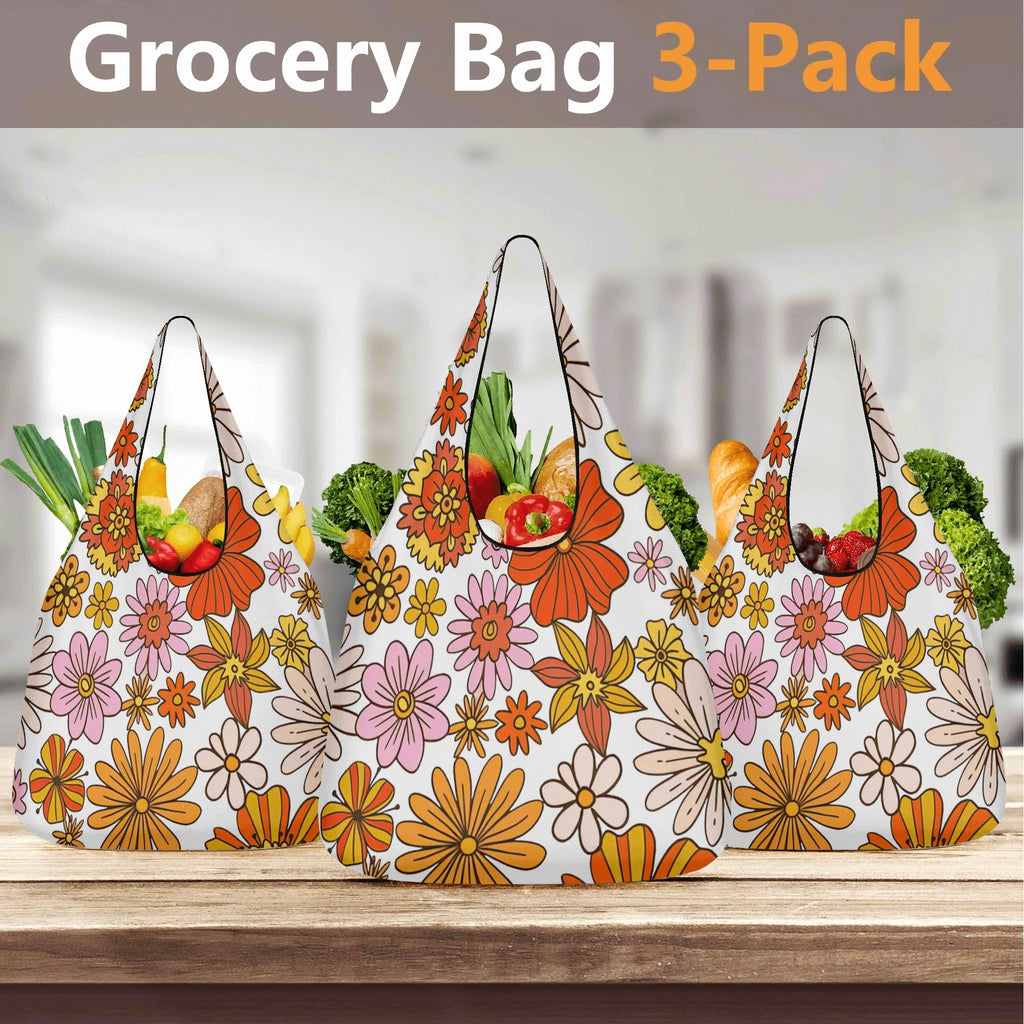 Retro Orange Flower 3 Pack of Foldable Shopping Bags 3-Pack Shopping Bags Plants Printed Offshore