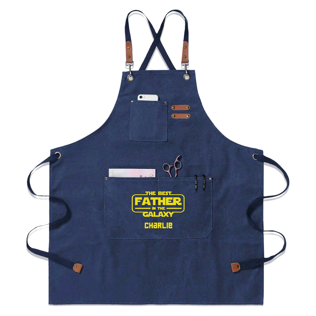 Personalised Best Father In The Galaxy Unisex Canvas Cross Back Chef Apron with Large Pockets Royal Blue Personalised Canvas Apron Dad Printed Offshore