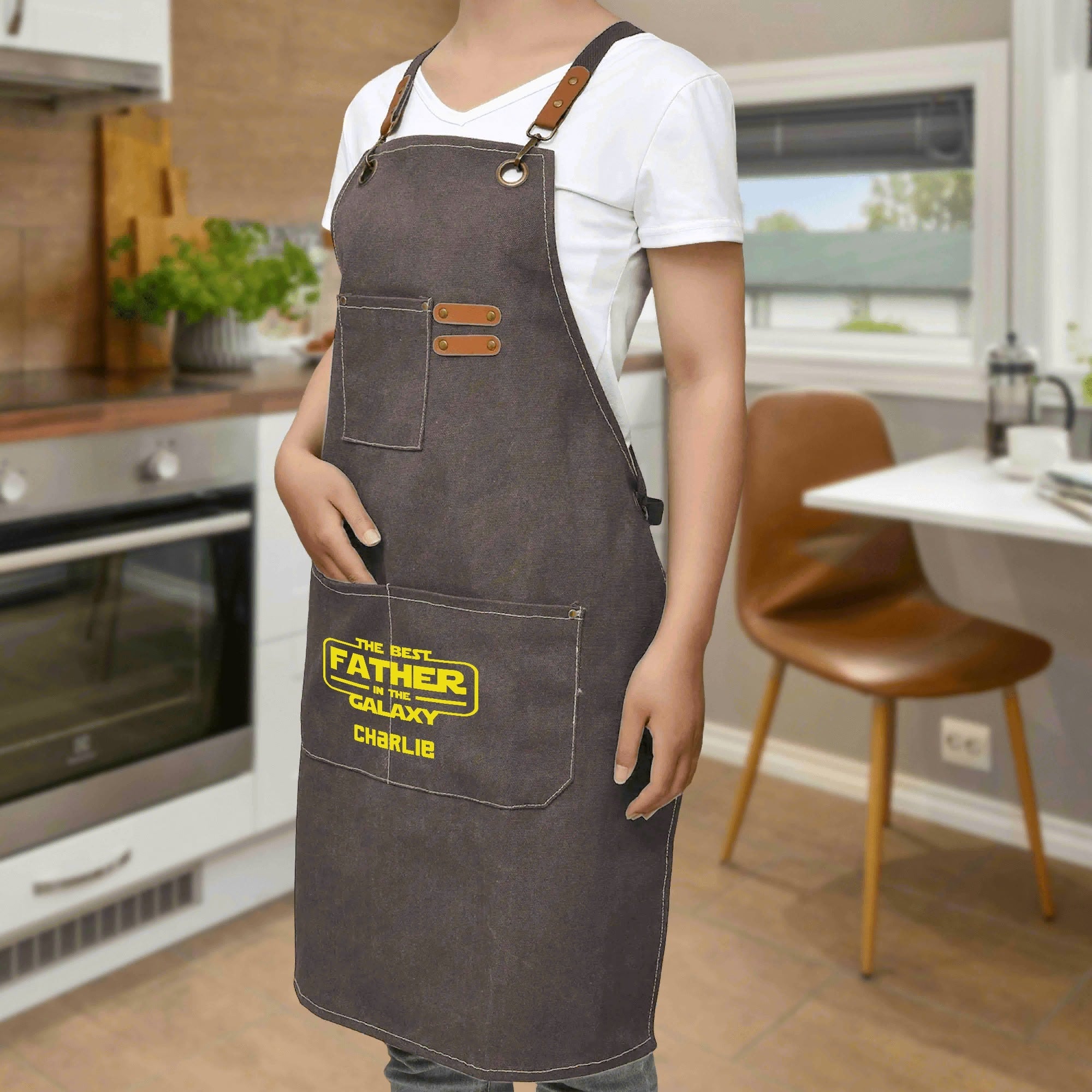 Personalised Best Father In The Galaxy Unisex Canvas Cross Back Chef Apron with Large Pockets Personalised Canvas Apron Dad Printed Offshore