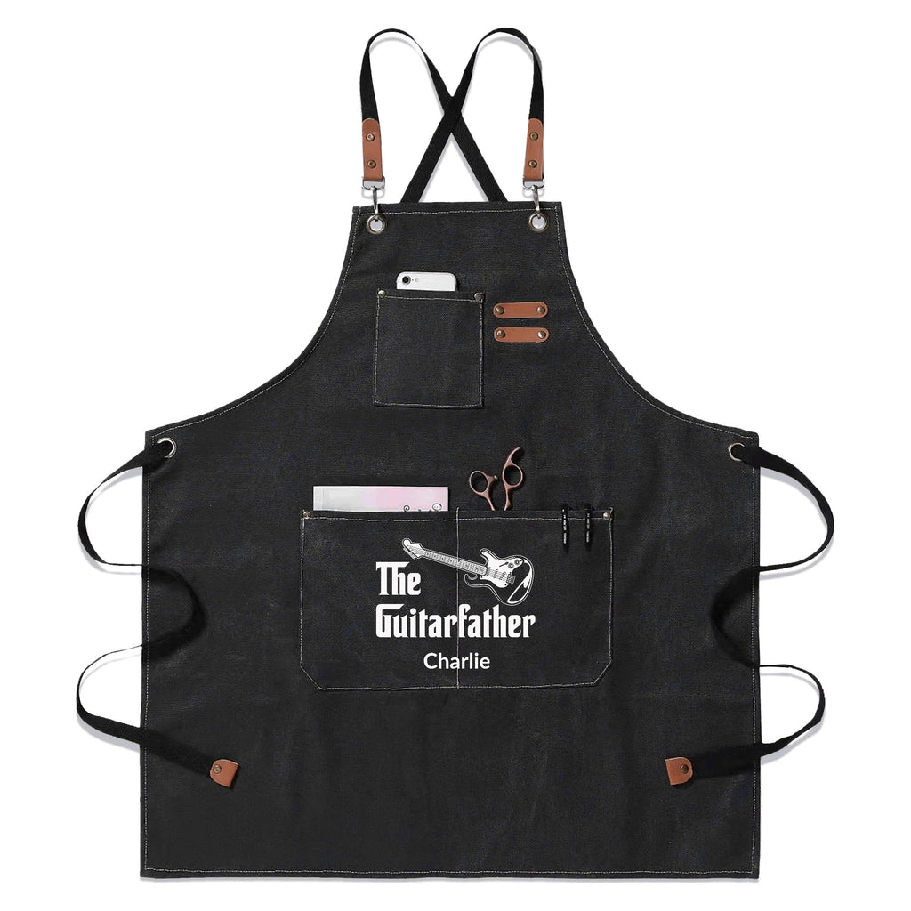 Personalised The Guitarfather Unisex Canvas Cross Back Chef Apron with Large Pockets Black Personalised Canvas Apron Dad Music Printed Offshore