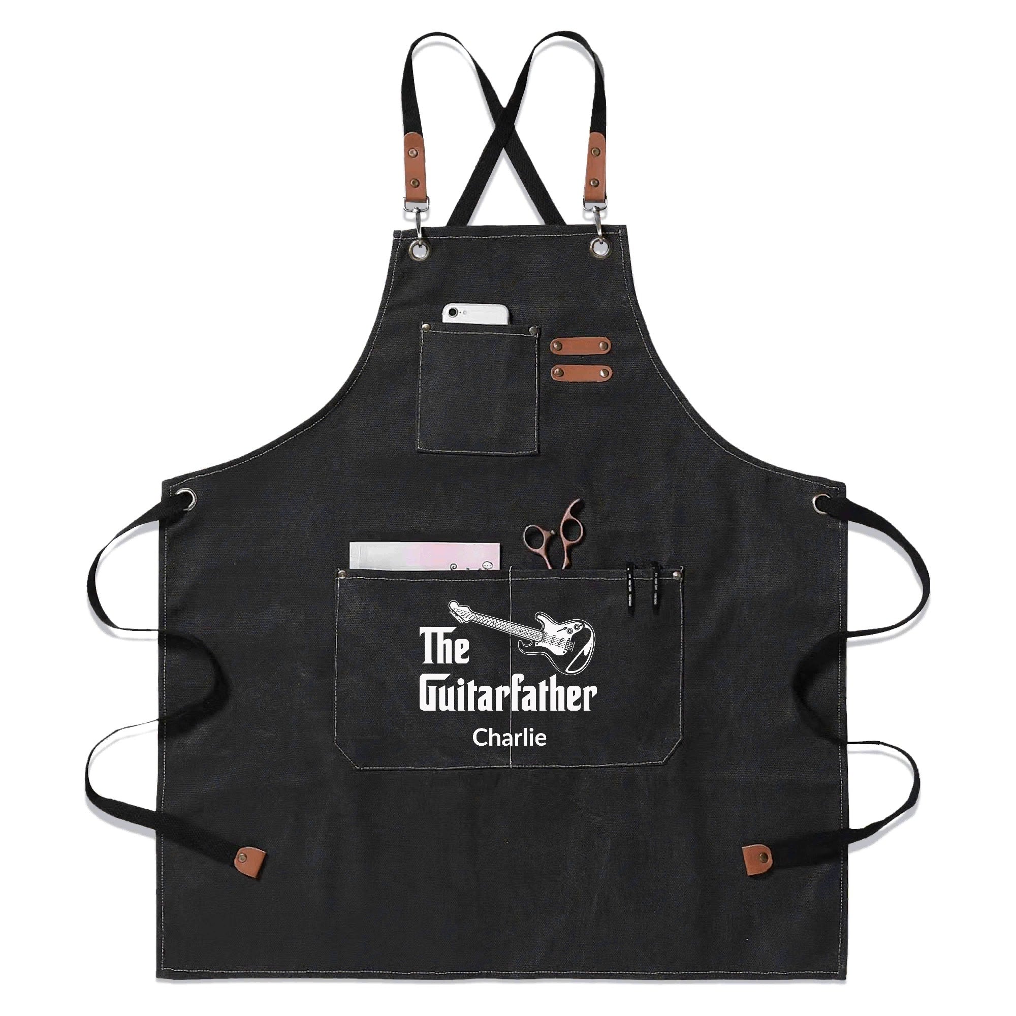 Personalised The Guitarfather Unisex Canvas Cross Back Chef Apron with Large Pockets Black Personalised Canvas Apron Dad Music Printed Offshore