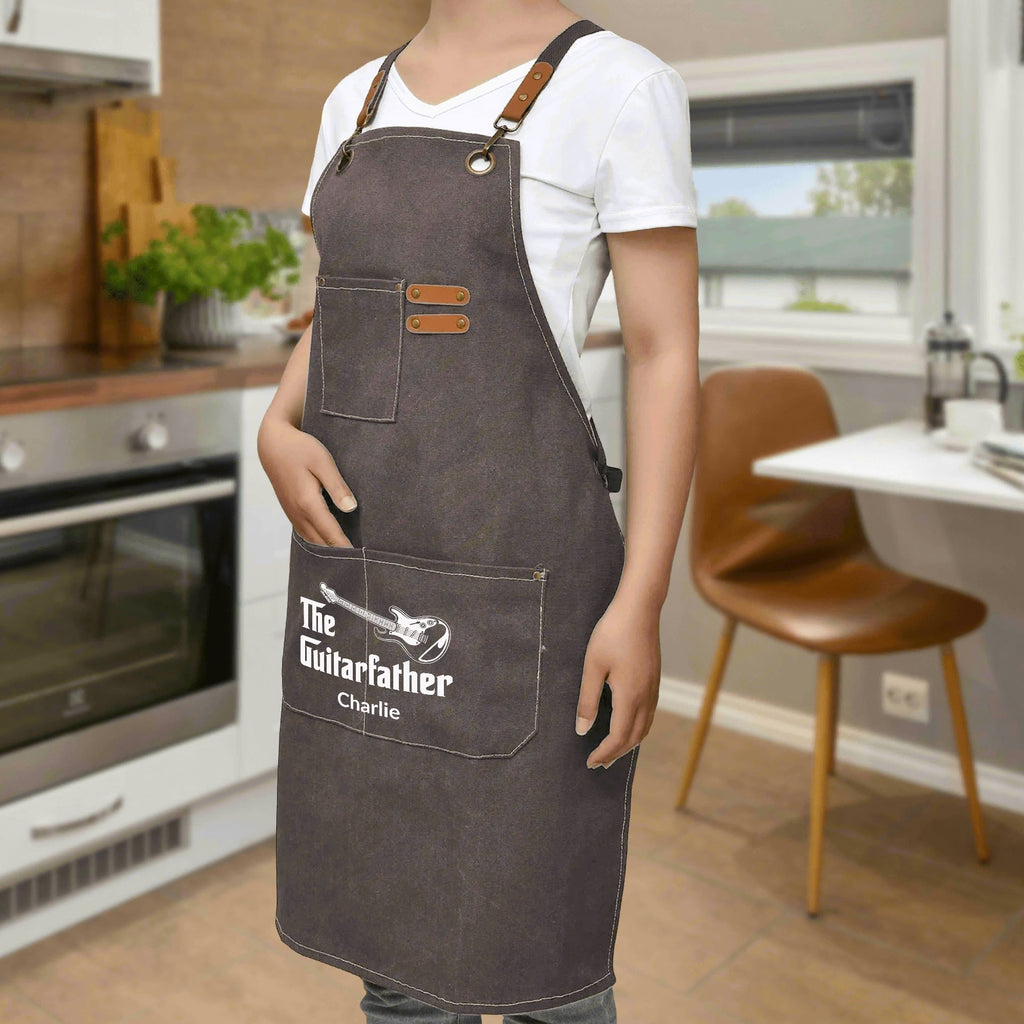 Personalised The Guitarfather Unisex Canvas Cross Back Chef Apron with Large Pockets Personalised Canvas Apron Dad Music Printed Offshore