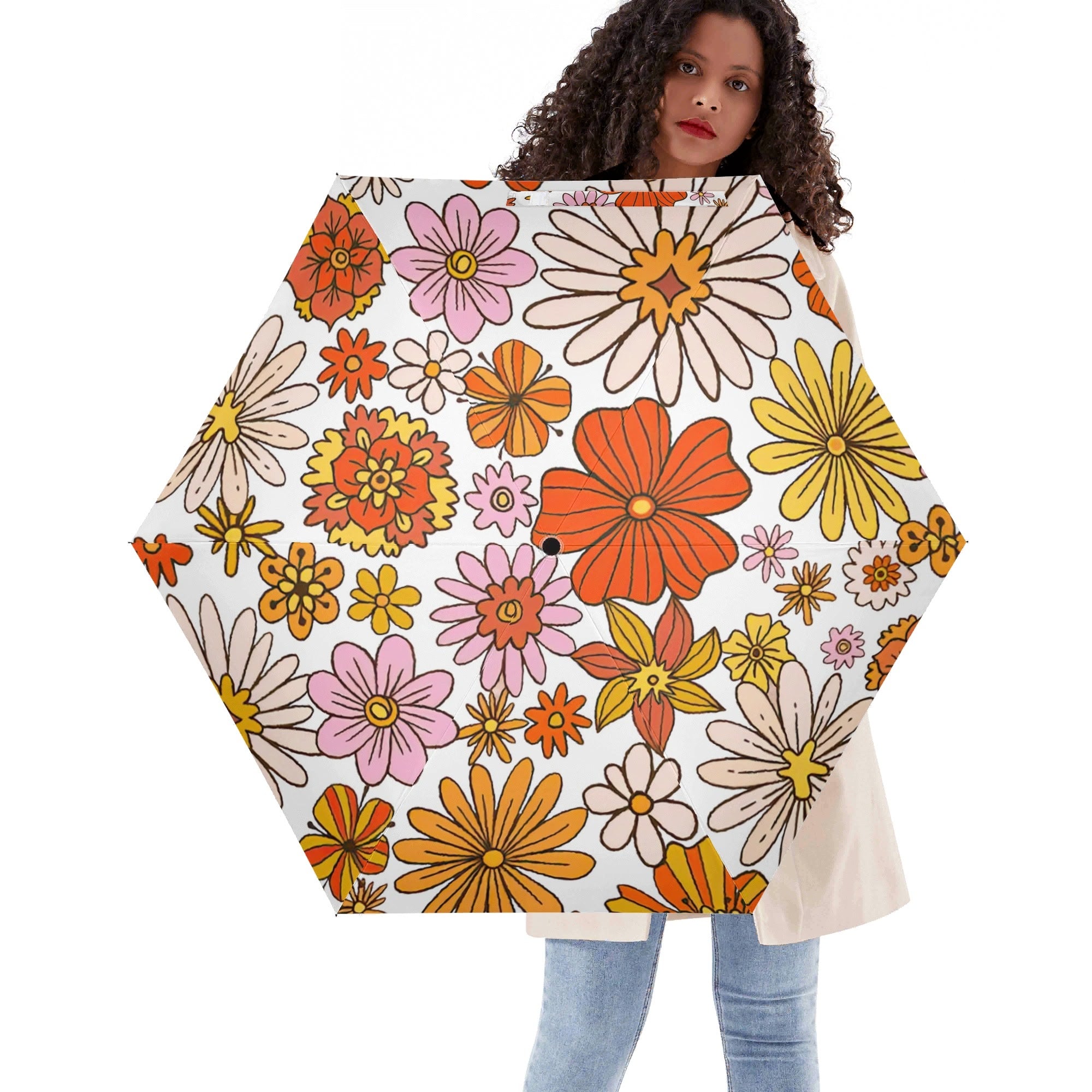 Vintage Orange Flowers Compact Automatic Umbrella Default Title Compact Automatic Umbrella Plants Printed Offshore Retro