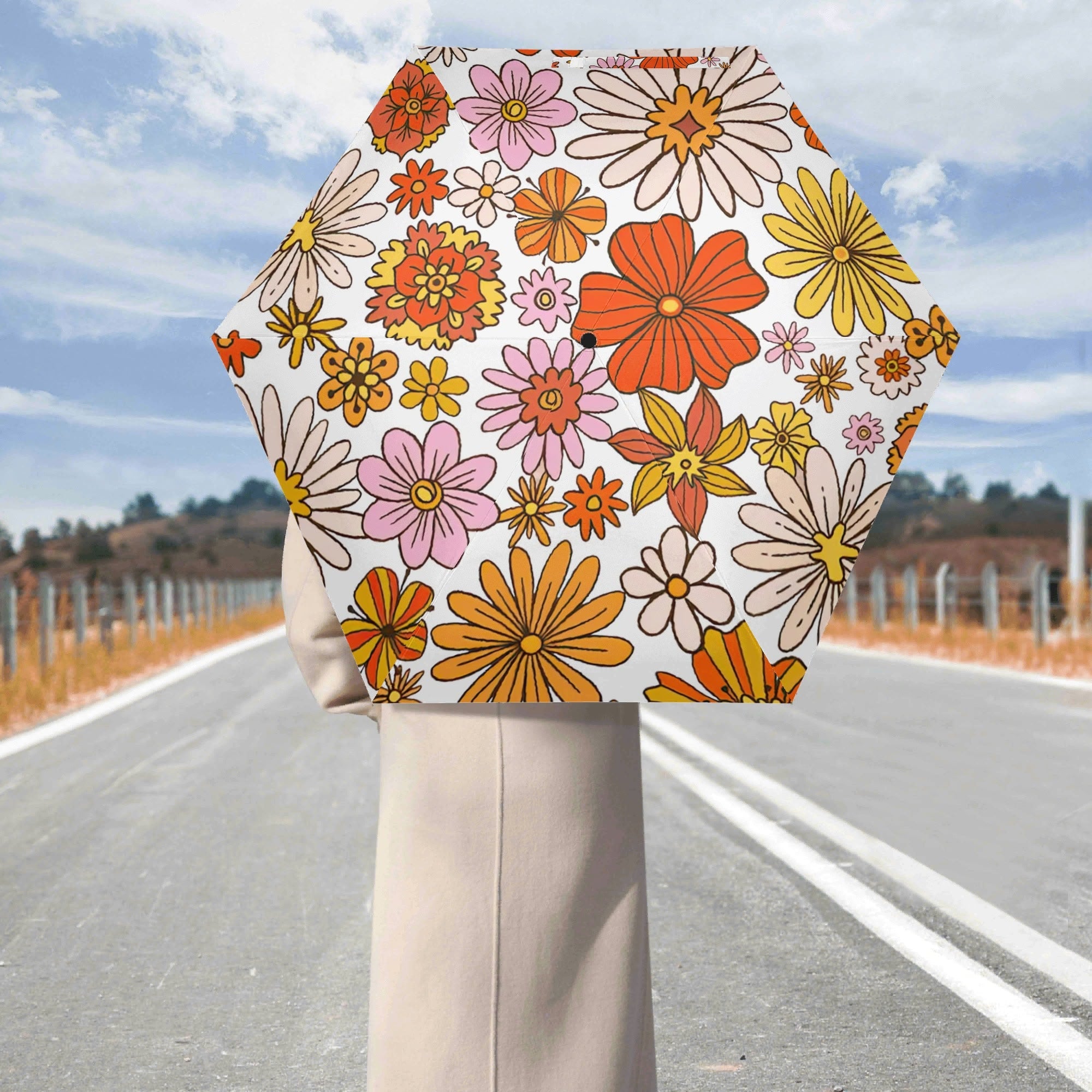 Vintage Orange Flowers Compact Automatic Umbrella Compact Automatic Umbrella Plants Printed Offshore Retro