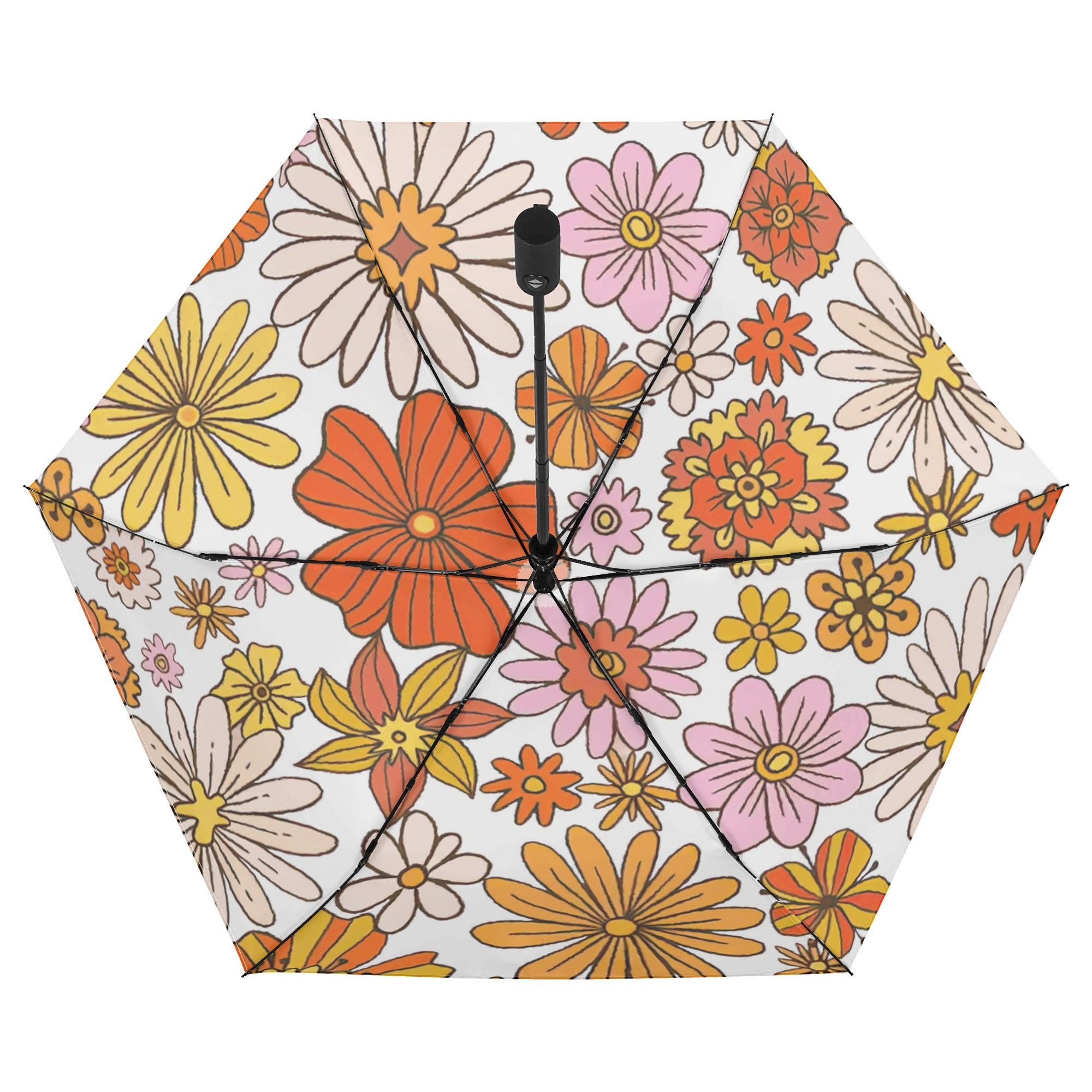 Vintage Orange Flowers Compact Automatic Umbrella Compact Automatic Umbrella Plants Printed Offshore Retro
