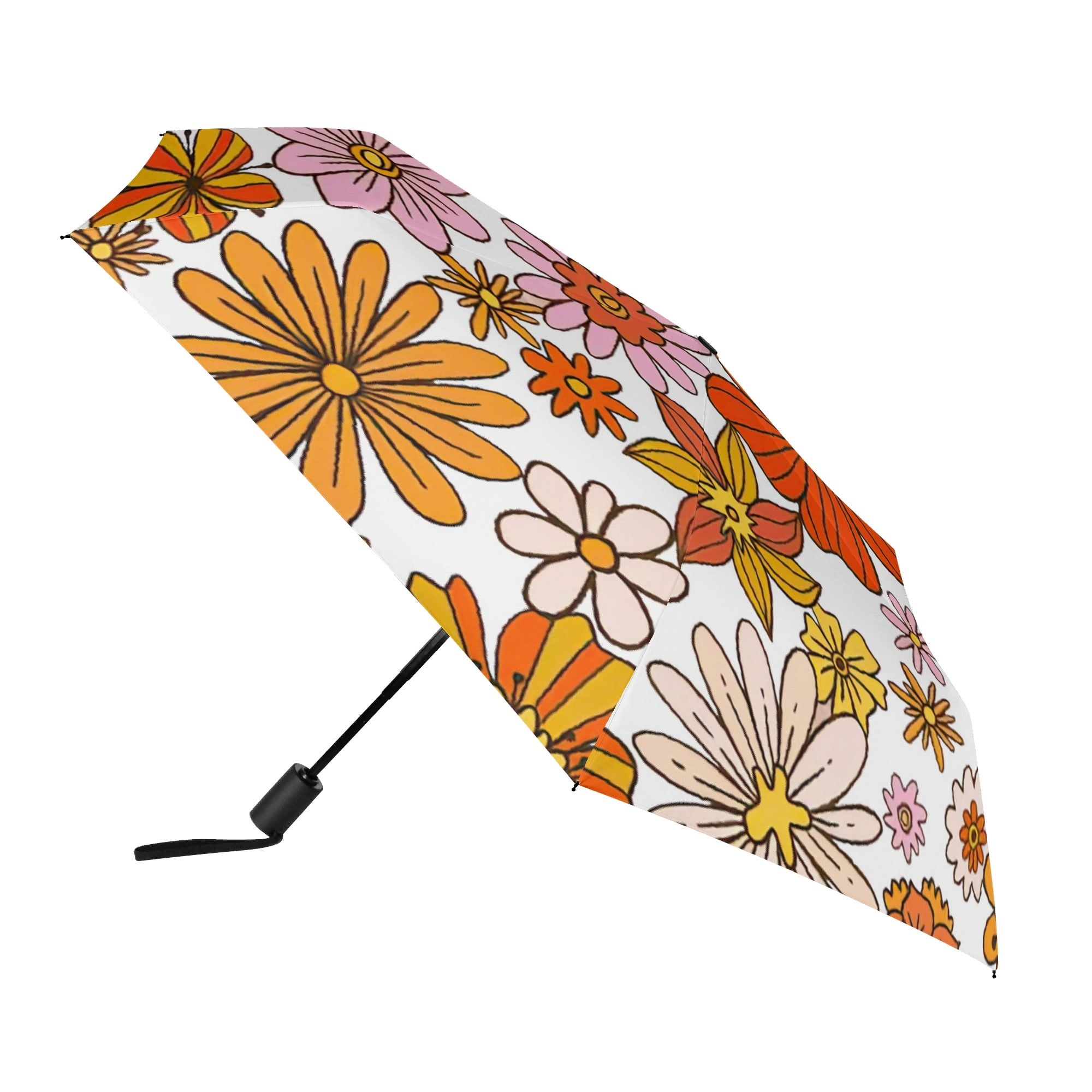 Vintage Orange Flowers Compact Automatic Umbrella Compact Automatic Umbrella Plants Printed Offshore Retro