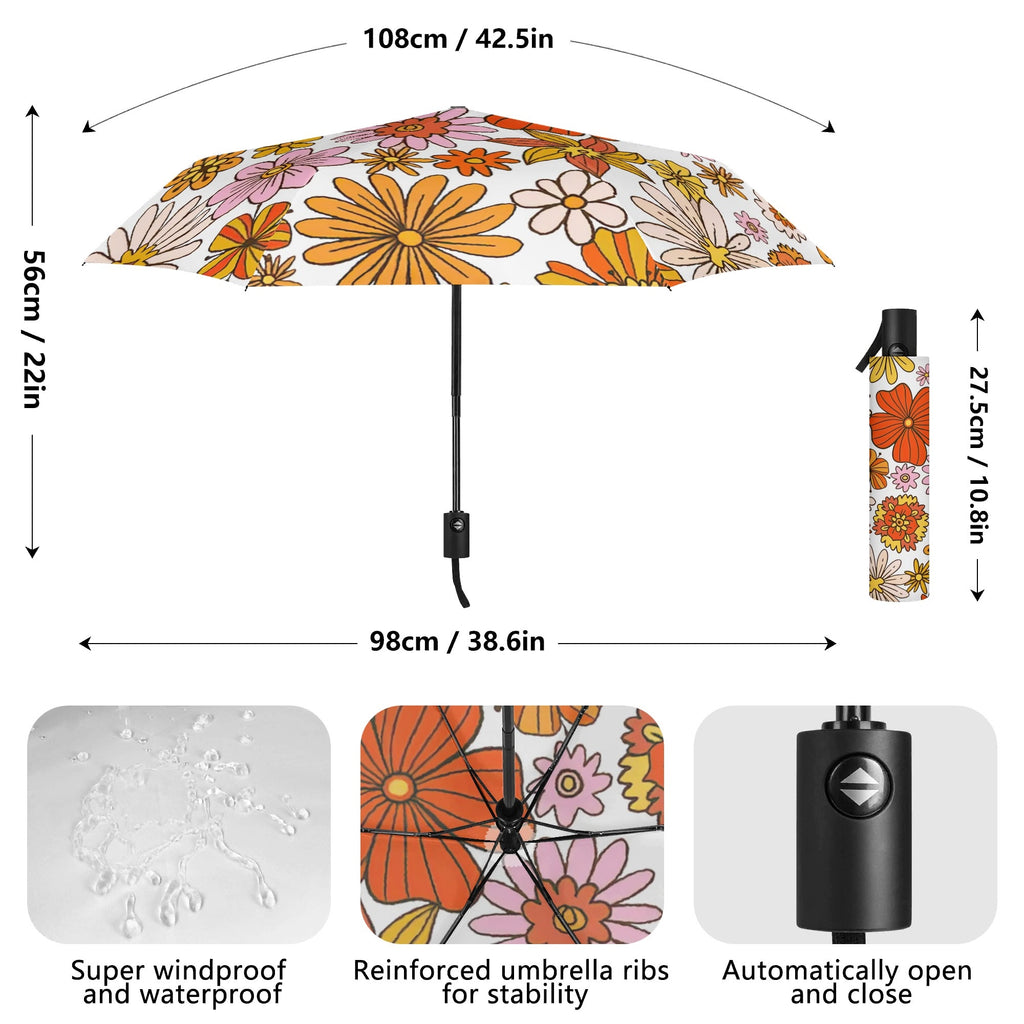 Vintage Orange Flowers Compact Automatic Umbrella Compact Automatic Umbrella Plants Printed Offshore Retro