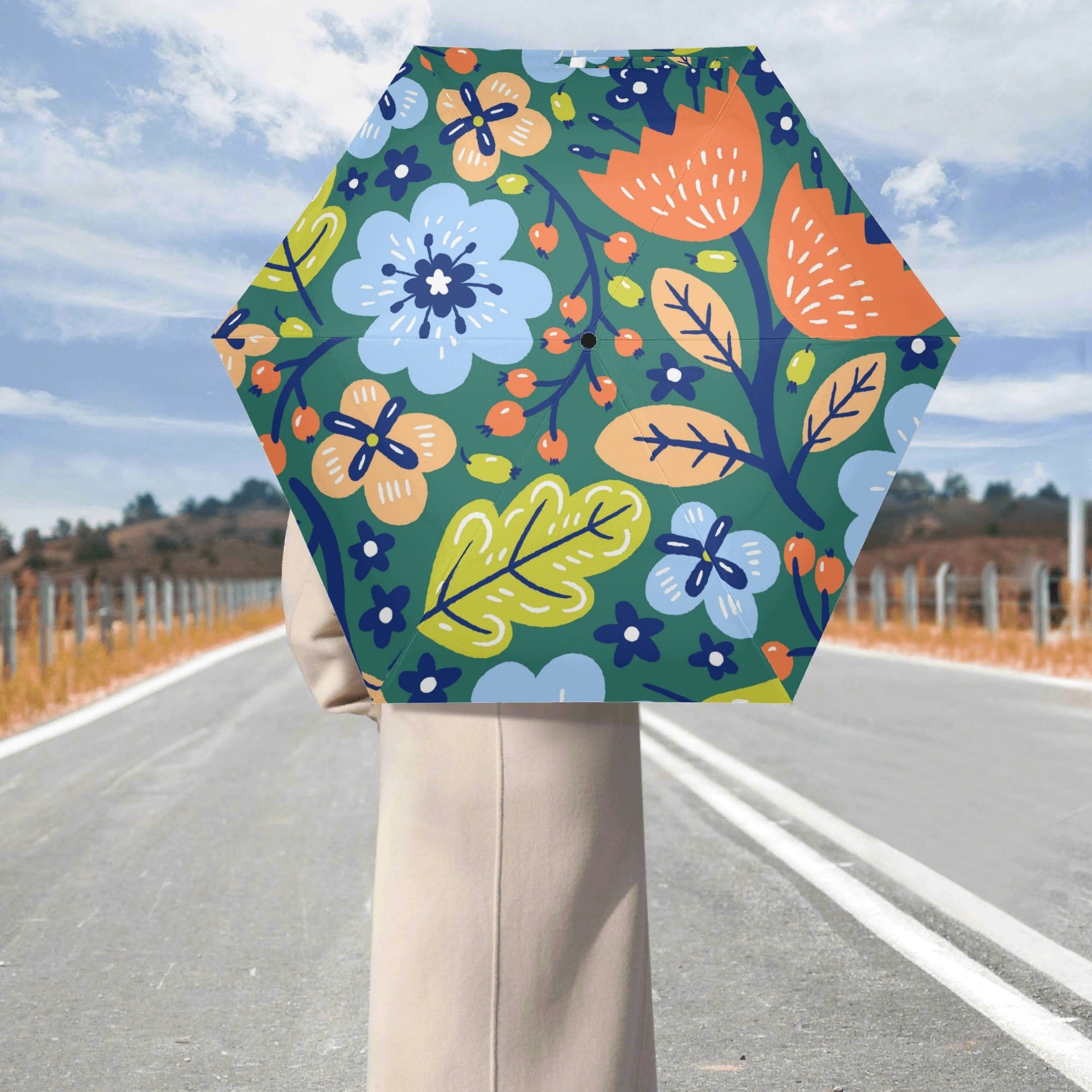 Retro Boho Flowers Compact Automatic Umbrella Compact Automatic Umbrella Plants Printed Offshore
