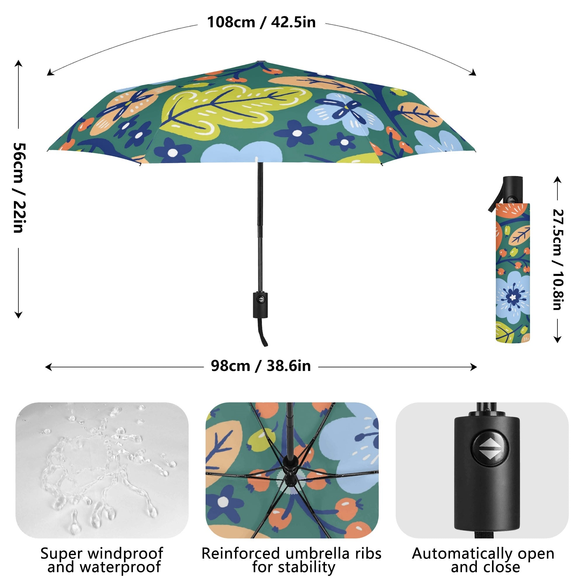 Retro Boho Flowers Compact Automatic Umbrella Compact Automatic Umbrella Plants Printed Offshore
