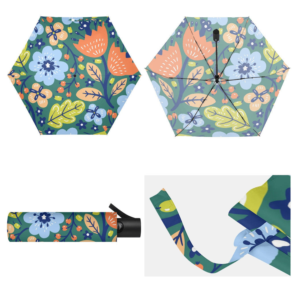 Retro Boho Flowers Compact Automatic Umbrella Compact Automatic Umbrella Plants Printed Offshore
