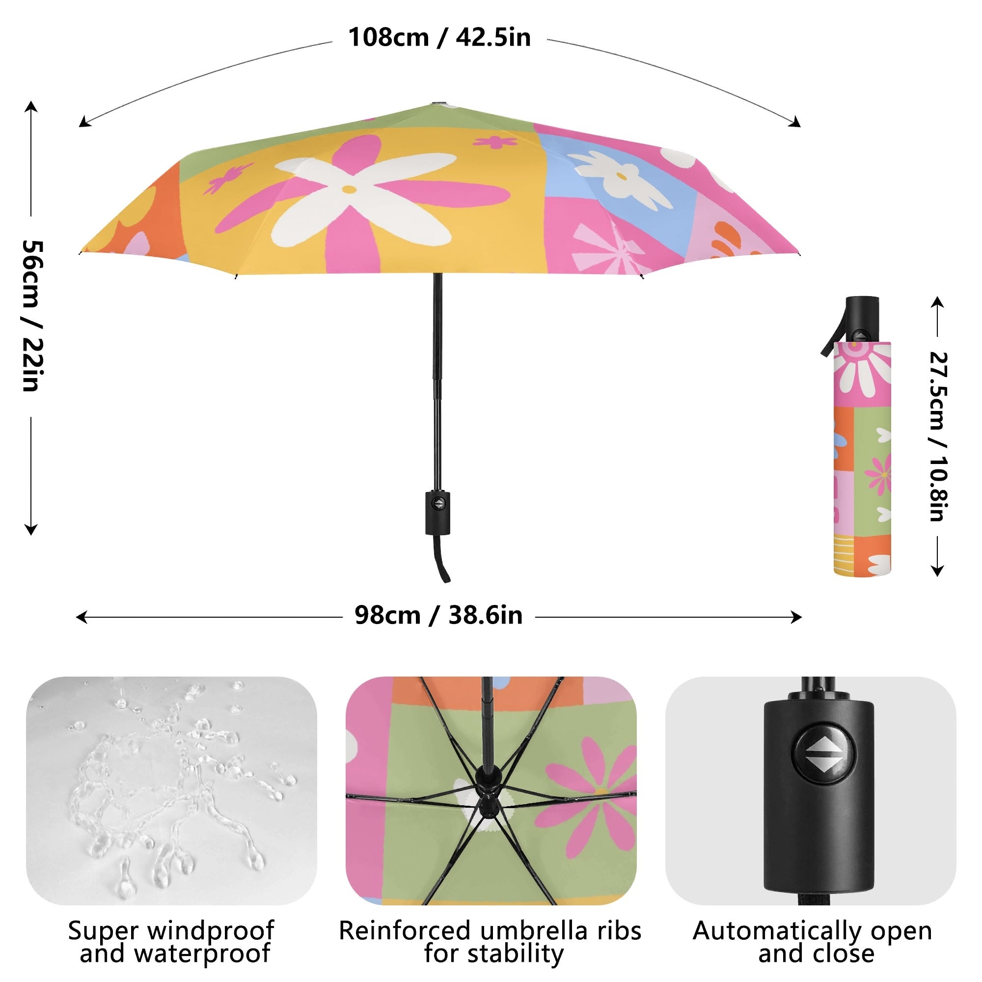 Flower Patchwork Compact Automatic Umbrella Compact Automatic Umbrella Plants Printed Offshore