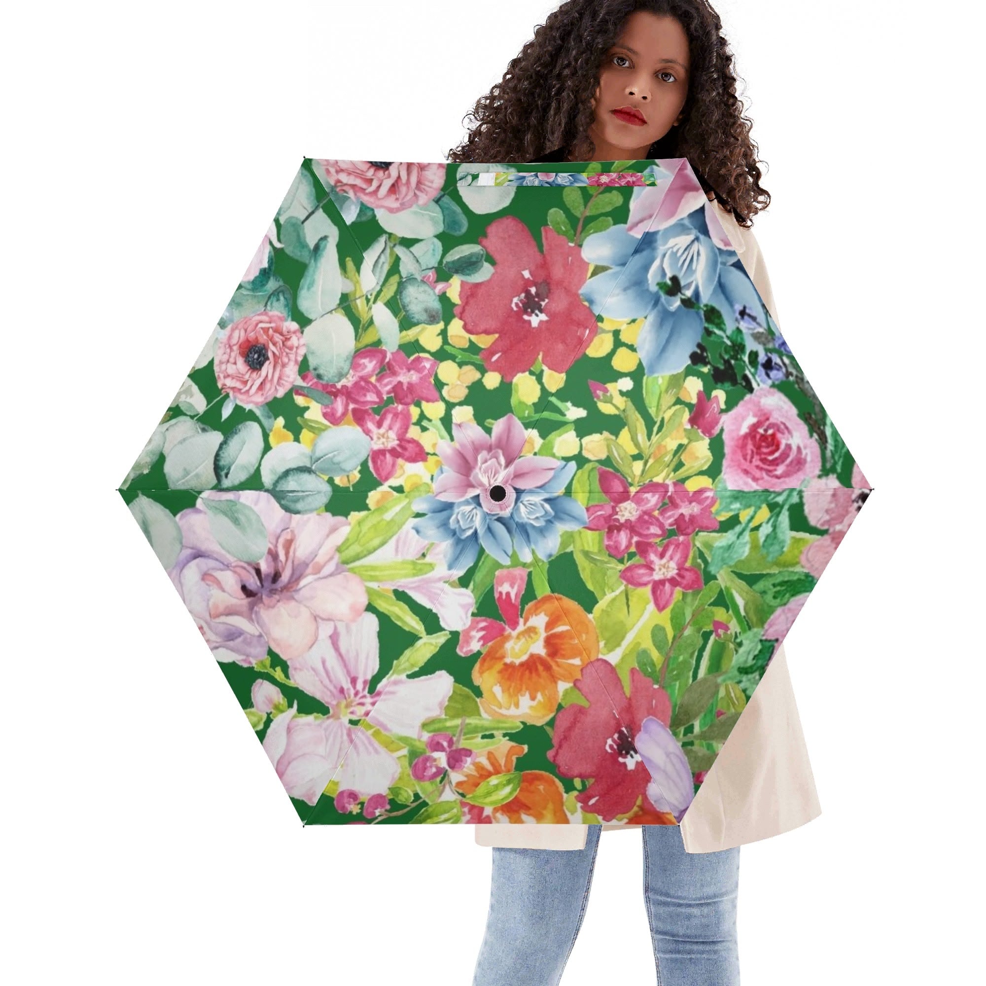 Bright Floral Compact Automatic Umbrella Default Title Compact Automatic Umbrella Plants Printed Offshore