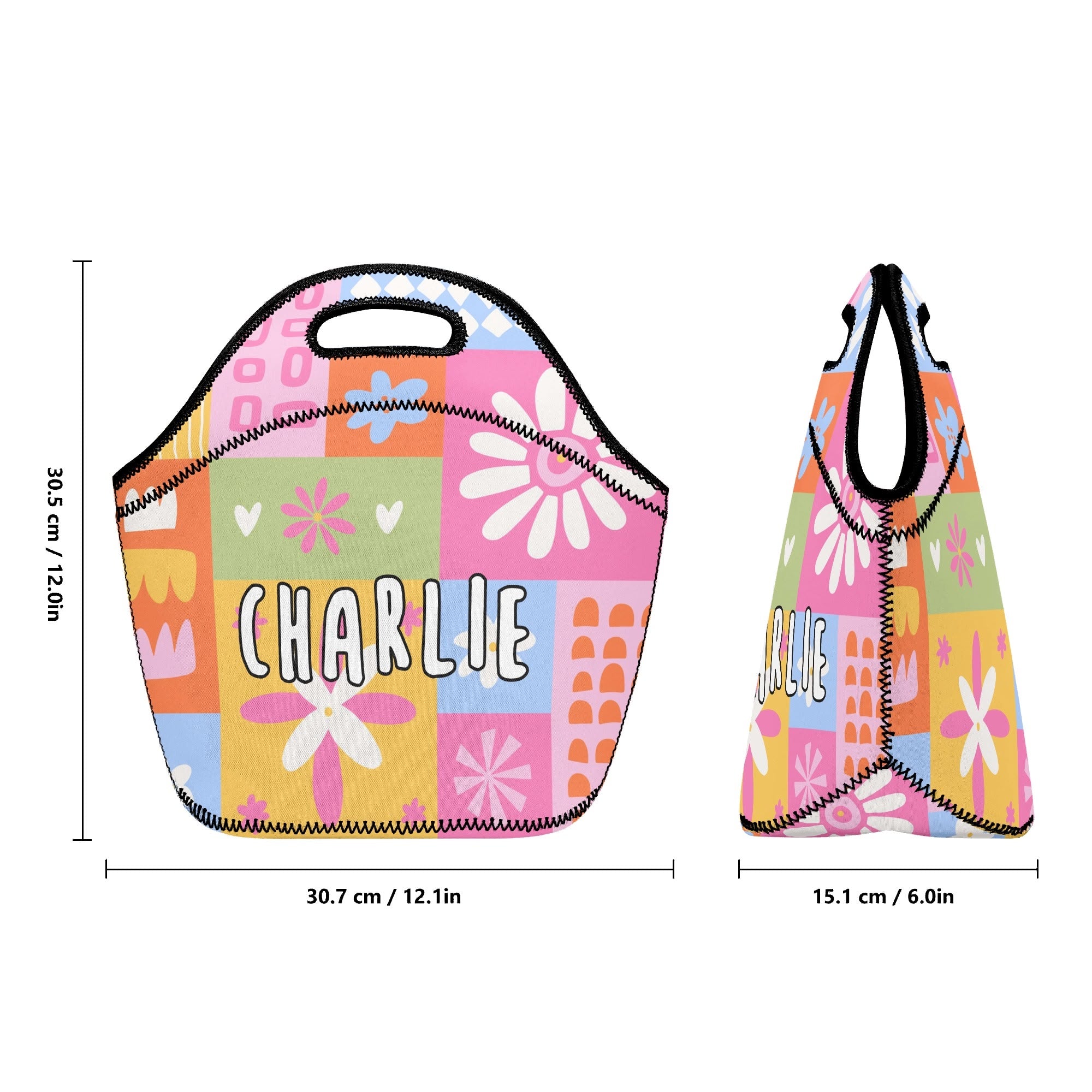 Personalised - Flower Patchwork - Neoprene Lunch Bag Personalised Neoprene Lunch Bags Plants Printed Offshore