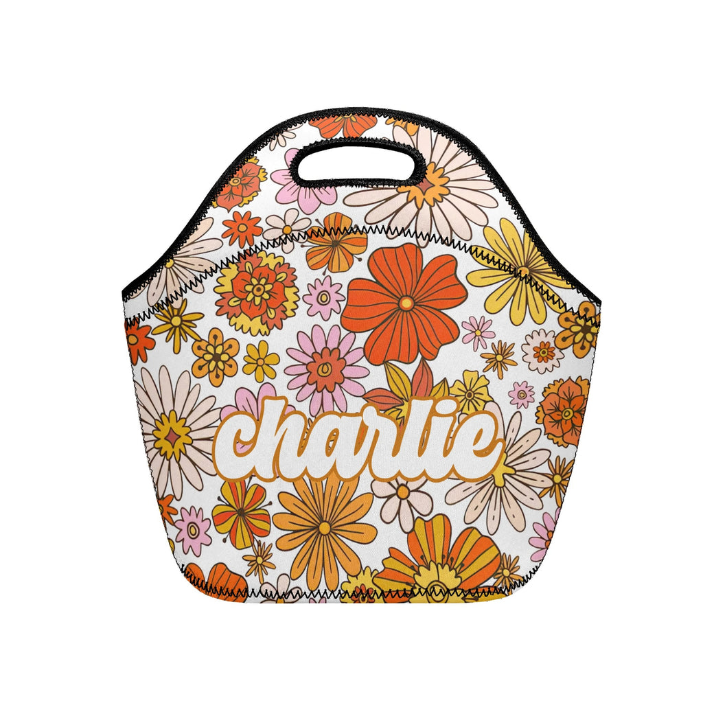 Personalised Vintage Orange Flower Neoprene Lunch Bag Default Title Personalised Neoprene Lunch Bags Plants Printed Offshore Retro
