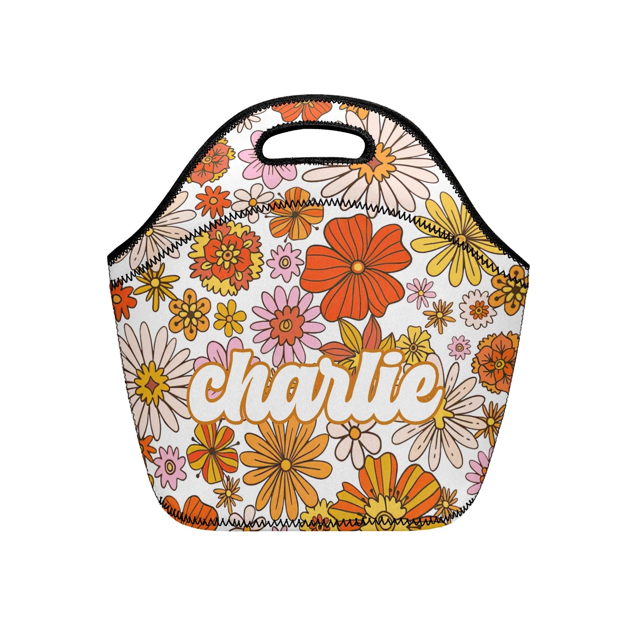 Personalised - Vintage Orange Flower - Neoprene Lunch Bag Default Title Personalised Neoprene Lunch Bags Plants Printed Offshore Retro